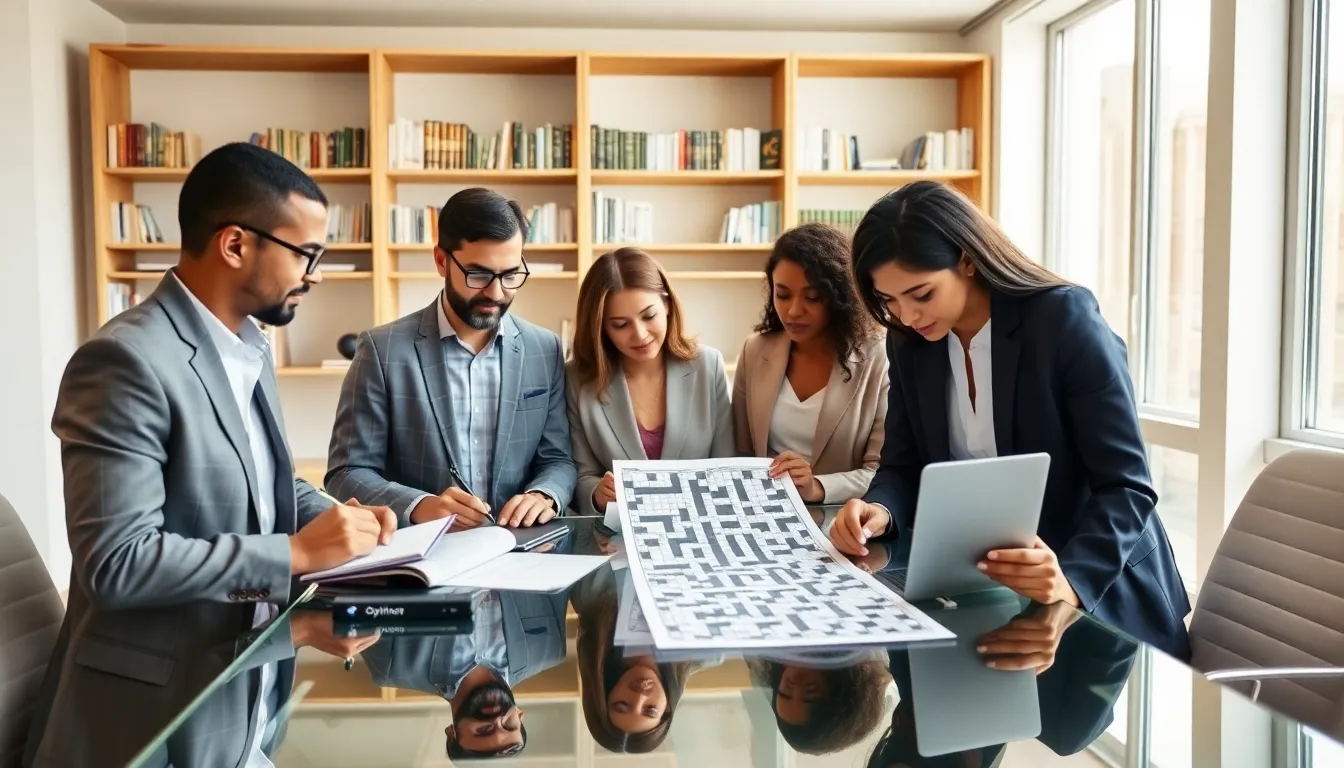 diverse team collaborating on crossword puzzles in a modern workspace.