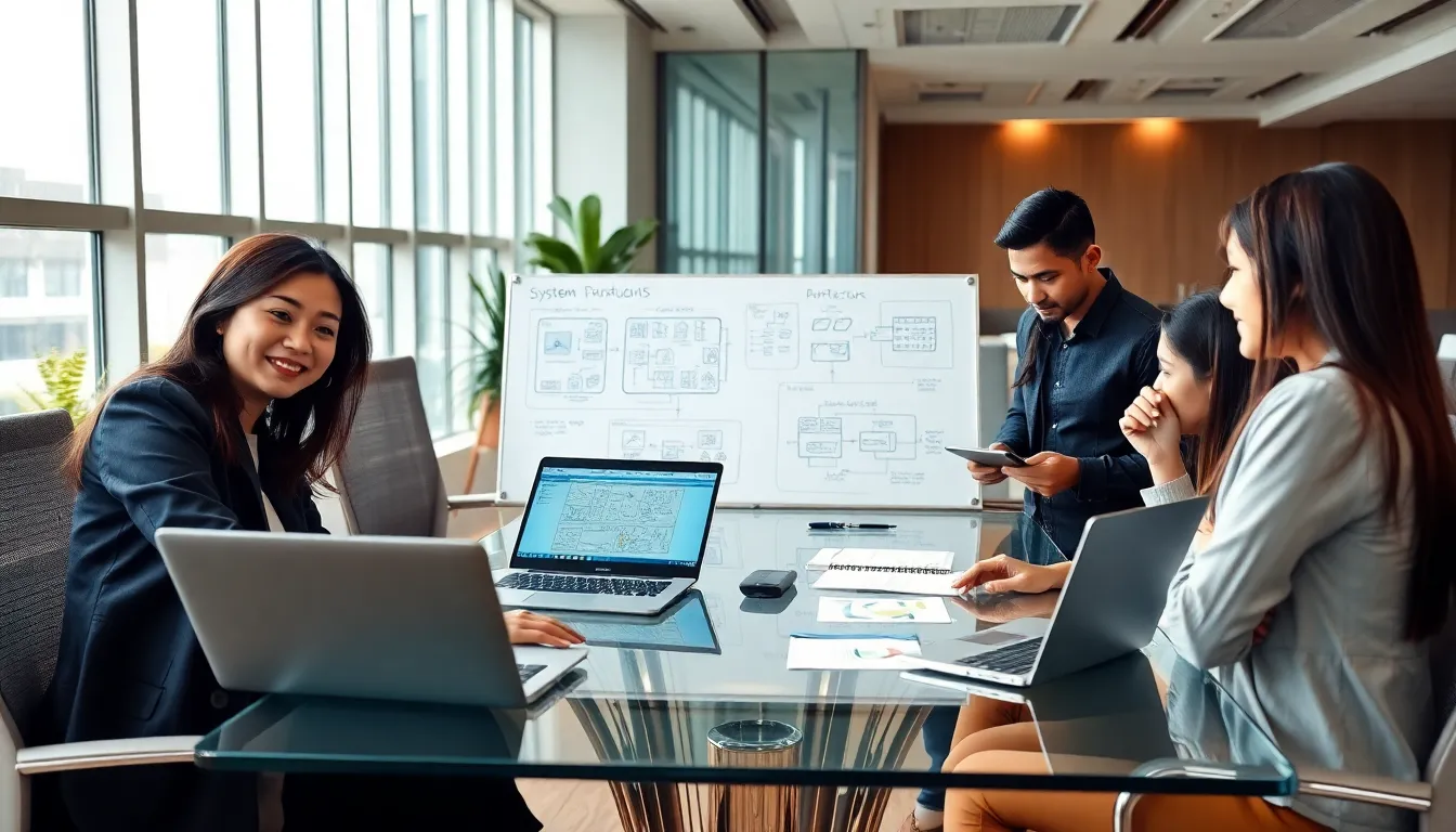 diverse team collaborating on system design concepts in a modern office.