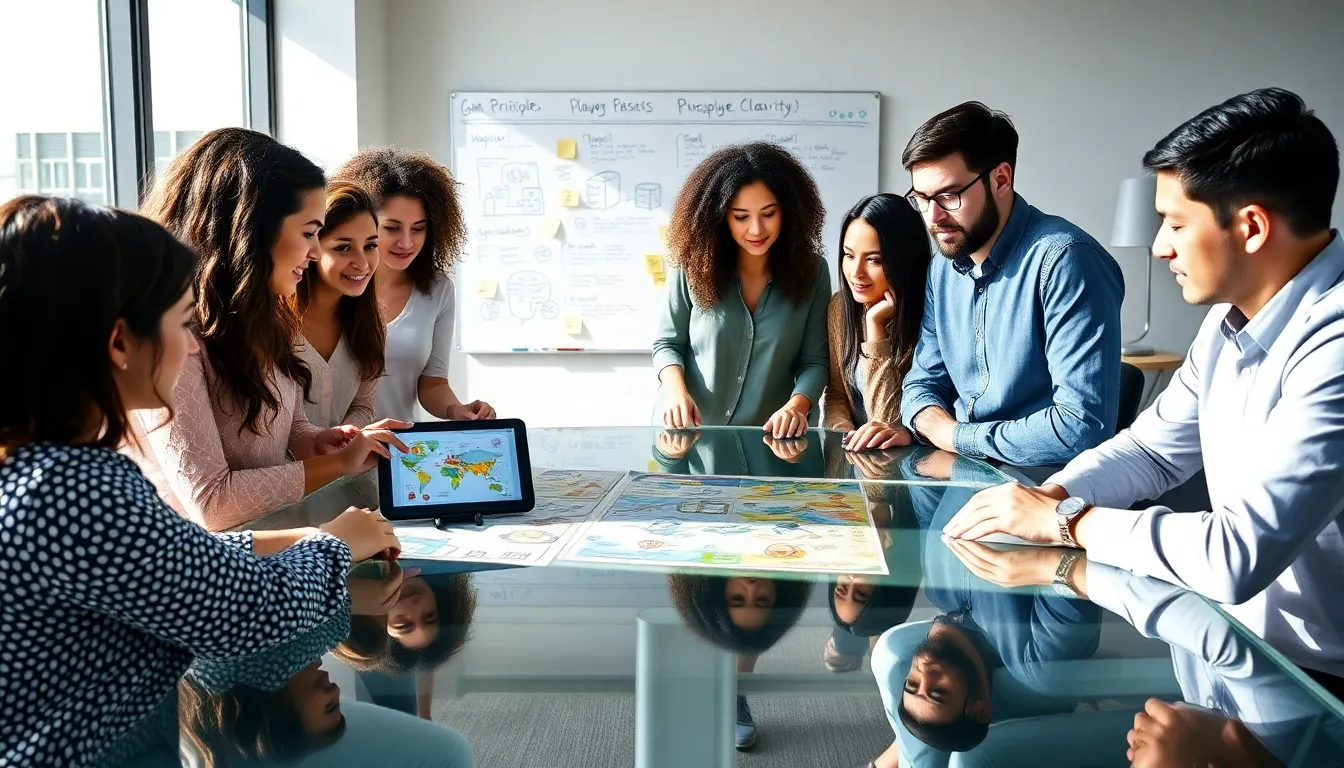 diverse game designers collaborating in a modern office setting.