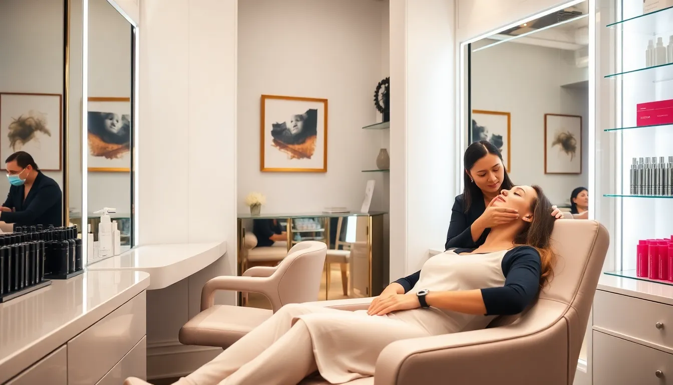 interior of a chic lash beauty bar with client and beauty technician.