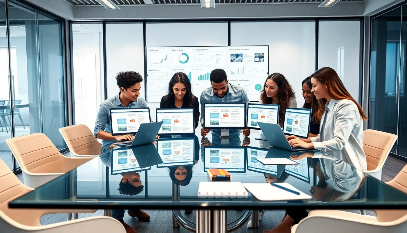 diverse team collaborating on site design concepts in a modern office.