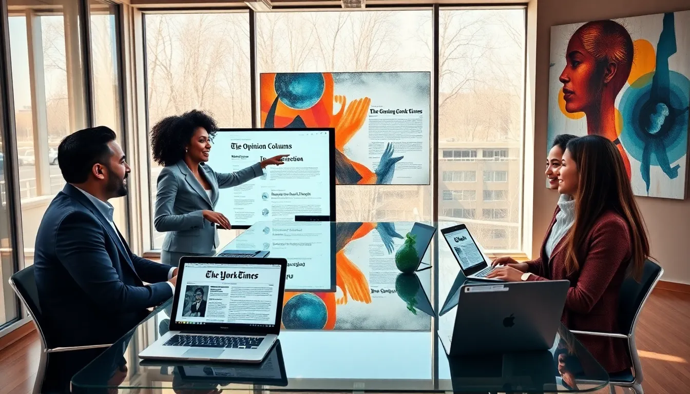 diverse professionals discussing The New York Times opinion section in a modern office.