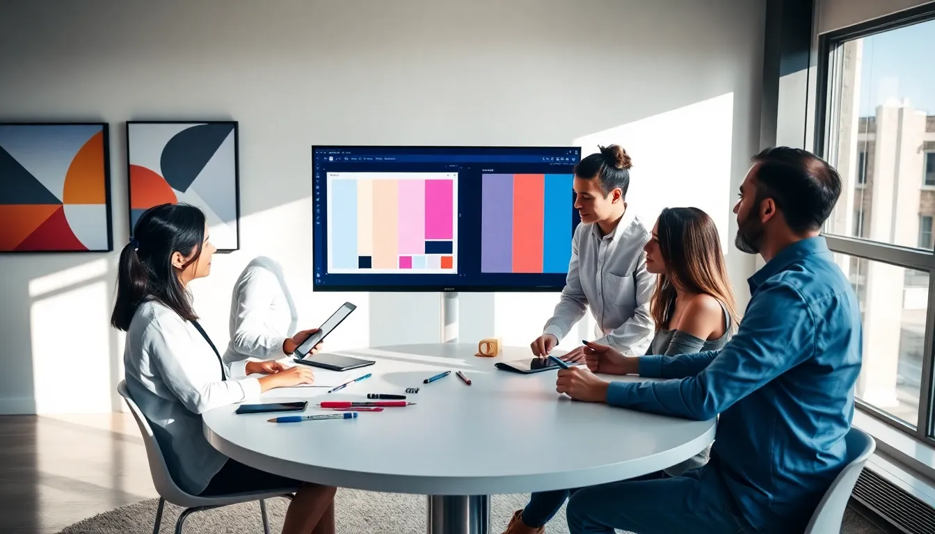 diverse team discussing graphic design concepts in a modern workspace.